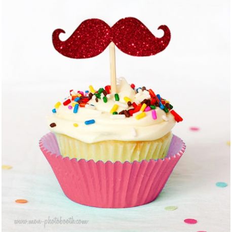 8 Cupcake Toppers Moustaches à Paillettes Rouge